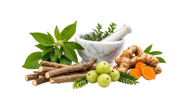 Ayurvedic herbal medicine arrangement with marble mortar amla turmeric and licorice sticks isolated on transparent background.