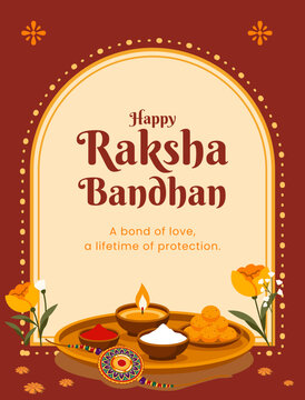 Happy Raksha Bandhan Greeting Card with Traditional Diya, Indian Sweets and Festive Celebration Decorations. Editable Vector Illustration 