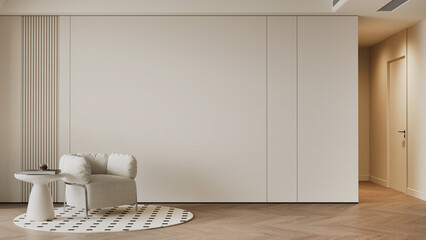 Modern interior cozy living room design white arm chair decor and white wall pattern texture background © teeraphan
