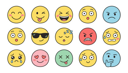 Fototapeta premium Cute Emoji Face Expression Collection with Happy, Funny, Surprised, Angry, Sad, Sleepy, Cool, Nervous, Crying, and Thinking Emotions