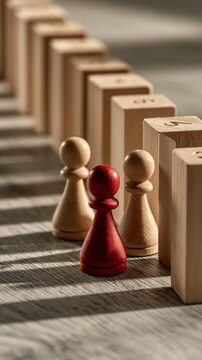 Standing Out from the Crowd: A single red pawn stands out amongst a line of identical wooden pawns, symbolizing individuality and uniqueness in a structured environment.