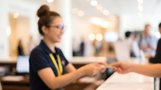 Friendly female receptionist handing visitor name badge at hotel front desk in blurred lobby background providing excellent customer service during busy corporate conference event check in