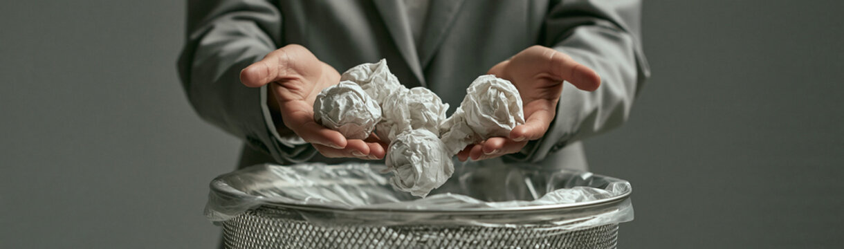 Frustration and Failure: A person in business attire holds crumpled paper balls, symbolizing failed ideas or efforts, as they are about to discard them into a waste bin.