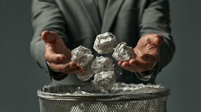 Discarding Failure: A man in a suit throws crumpled paper balls into a waste bin, symbolizing the rejection of bad ideas and the pursuit of perfection.