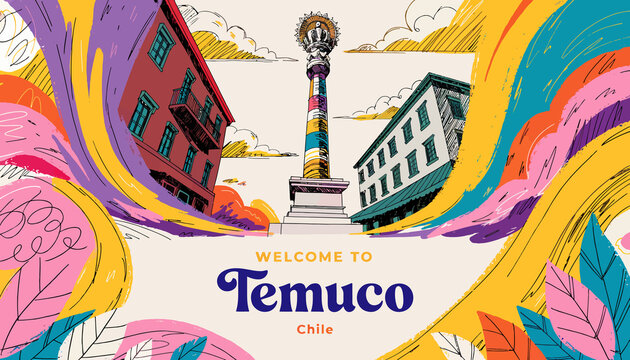Vibrant illustration of Temuco, Chile cityscape with colorful abstract shapes and floral elements, welcome sign.