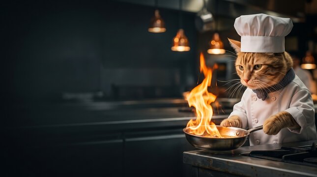 Professional ginger tabby cat chef cooking with fire in a high-end restaurant kitchen, flamb&eacute; culinary technique.