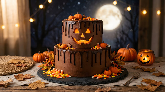 Elegant two tier halloween themed cake with lit jack o lantern faces with surrounded autumnal elements showcases richly decorated cake adorned illuminated
