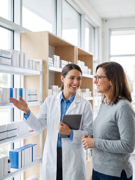 Pharmacist explains over-the-counter healthcare options to customer in modern pharmacy, supporting medication guidance, wellness, patient service and informed health decisions with copy space.