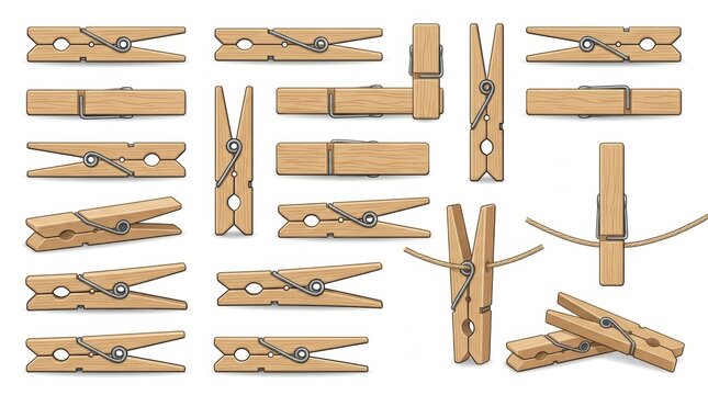 Collection of various wooden clothes pegs isolated on a white background for laundry and household craft project design use
