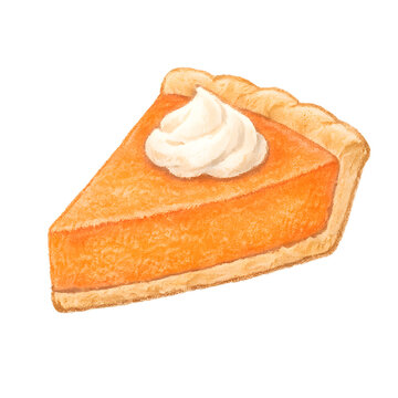 Slice of pumpkin pie topped with whipped cream, ideal for autumn dessert and bakery themed designs