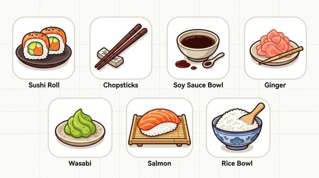 A collection of hand drawn watercolor illustrations featuring various japanese sushi ingredients and traditional dining accessories on white background