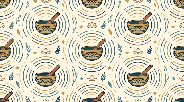 Meditative seamless pattern featuring singing bowls and sound waves