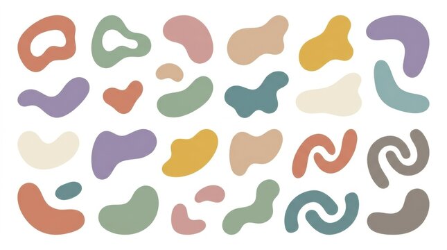 Set of various organic shapes and abstract blobs in muted pastel colors isolated on a plain white background