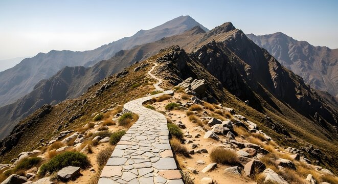 Scenic stone hiking trail winding along a rugged mountain ridge under a clear blue desert sky