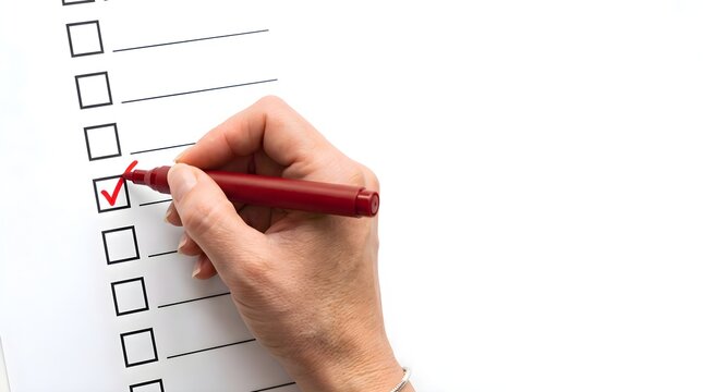 Hand checks box on checklist with red marker pen.