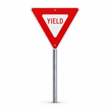 red and white triangular yield traffic sign mounted on a metal pole against a white background.