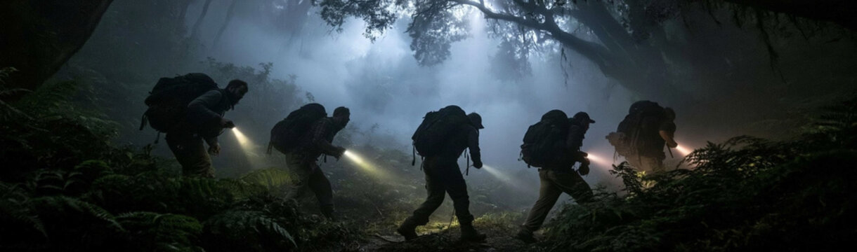 Explorers in the Deep Jungle: A team of adventurers equipped with backpacks and flashlights navigates through a dense, mysterious jungle shrouded in mist and illuminated by faint beams of light.
