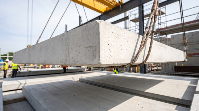 Precast concrete slab, with steel wire cable slings attached, lifting heavy building block, industrial building construction site, heavy engineering