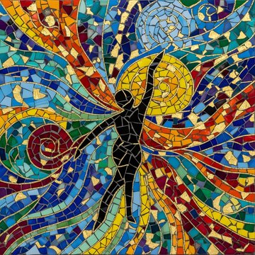 Colorful mosaic artwork featuring a silhouetted human figure surrounded by vibrant swirling rays.