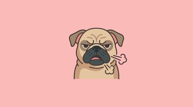 A cute cartoon illustration of an angry pug dog with steam coming out of its nose