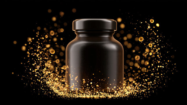 Black medicine bottle with golden glitter splash, dark background, shiny particles floating around, elegant pharmaceutical container, luxury health product concept