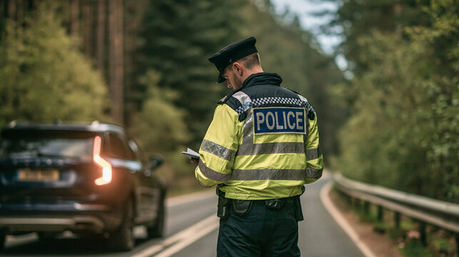 Traffic Stop: A uniformed police officer in a fluorescent jacket stands by a road, facing away from the camera, writing in a notebook. A car is visible in the background, with its rear lights on.