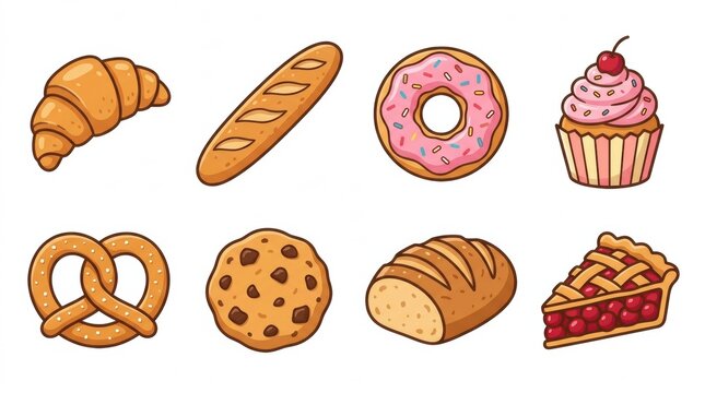 Set of hand drawn bakery items including croissant baguette donut cupcake pretzel chocolate chip cookie bread and fruit pie