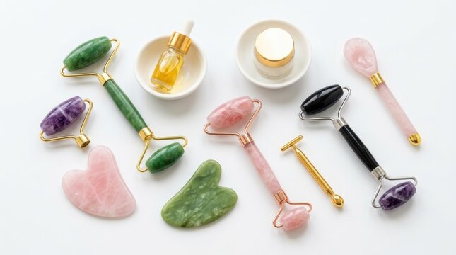 Collection of various facial massage rollers and gua sha tools made from natural gemstones for skincare and beauty routines
