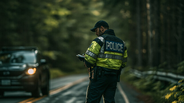 Police Officer on Duty: A police officer in a fluorescent yellow jacket and cap stands on a rural road, checking a device, with a blurred car in the background.