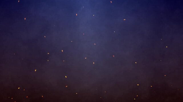 Abstract dark blue background with floating fire sparks and smoke effect