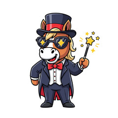 Cool Horse Magician Character with Top Hat and Magic Wand Vector Illustration