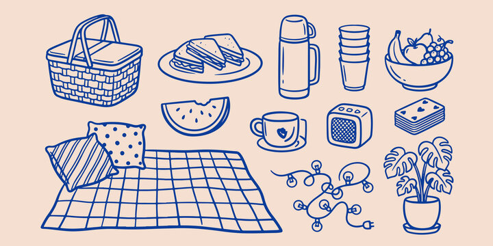 Picnic and outdoor recreation doodle set with blanket food basket and string lights recreation illustration sandwich watermelon handdrawn collection lifestyle activity sunshine outdoors