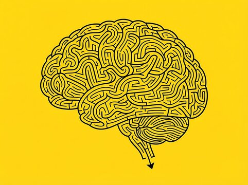 Conceptual illustration of a human brain shaped like a complex maze isolated on a solid bright yellow background for creative mental health