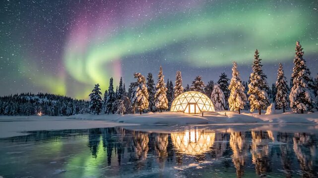 Glowing glass dome under aurora borealis in snowy forest