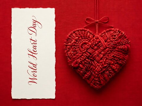 A decorative red heart ornament placed next to a white paper card with the text world heart day written in elegant calligraphy
