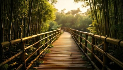 Obraz premium Serene bamboo forest walking bridge pathway.