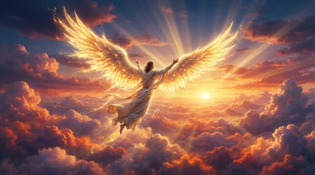 Radiant Winged Angel Rising Above Golden Clouds in a Dramatic Heavenly Sunset