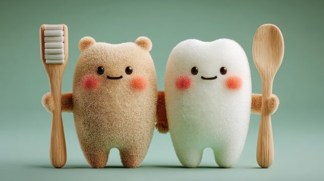 Adorable animated dental hygiene scene featuring fluffy bear and tooth holding tools