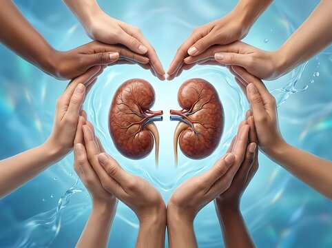 Multiple human hands forming a heart shape around two healthy human kidneys to symbolize medical care support and organ donation awareness