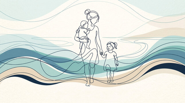 An artistic line drawing depicting a mother walking with her two children, one child in her arms and the other holding her hand, amidst flowing wave-like lines