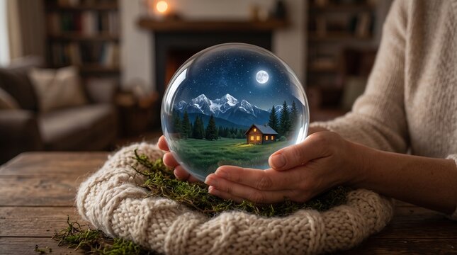 Snow globe mountain landscape