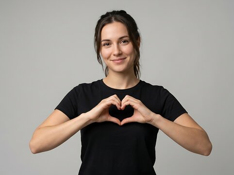 A young woman wearing a black t shirt makes a heart shape with her hands while smiling at the camera against background