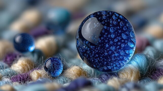 Close-up of glossy, patterned spheres on a fuzzy, multi-colored surface