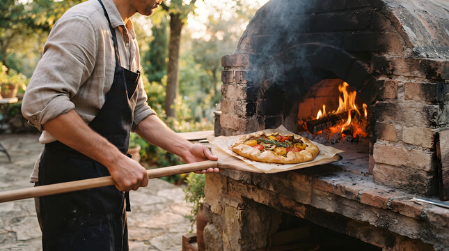 A professional cook in an apron holds a freshly baked rustic vegetable tart on a wooden shovel in front of an outdoor brick oven. Warm golden hour light and smoke rise from the roaring fire inside...