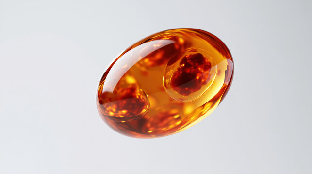 Glowing amber colored synthetic pod with smooth surface and high fidelity reflection, floating on clean white background with warm light effects