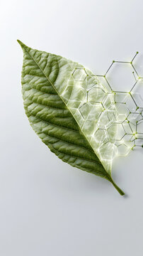 Green leaf partially transforming into glowing translucent hexagonal molecular structure, symbolizing fusion of nature and technology in clean, bright setting