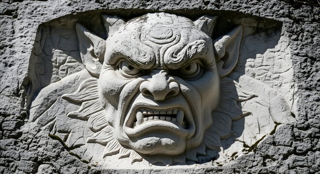 Close up of an ancient stone carving of a fierce gargoyle face with aggressive expression