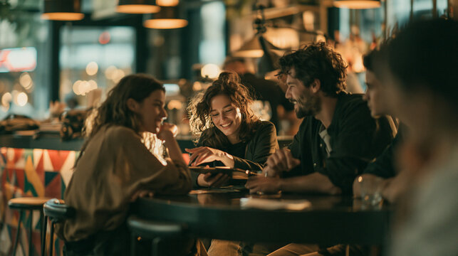 Cozy Gathering at the Cafe: Friends share laughter and conversation over drinks at a dimly lit cafe, enjoying a moment of connection and camaraderie.