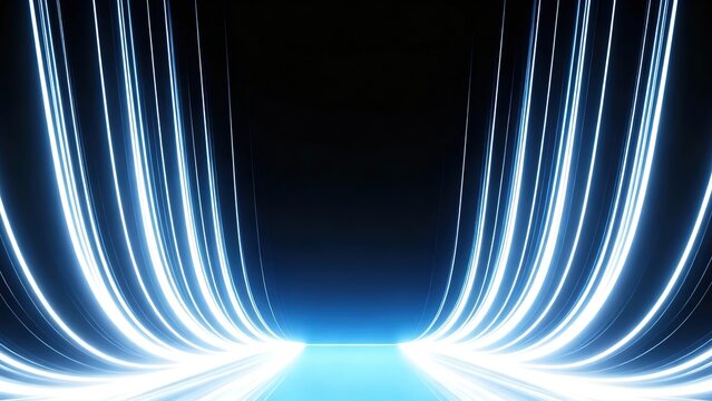 Symmetrical curved glowing light streak tunnel, central one-point perspective convergence, deep gradient dark backdrop, minimal tech wide view, business presentation background, speed light trail art