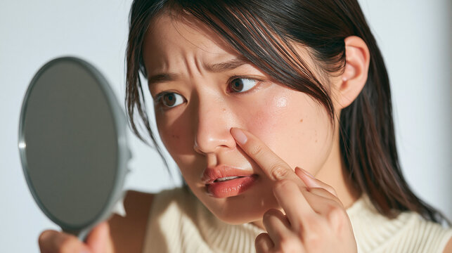 Worried About Skin: A young Asian woman with a look of concern inspects her face in a handheld mirror, focusing on a blemish, expressing a common skin care worry.